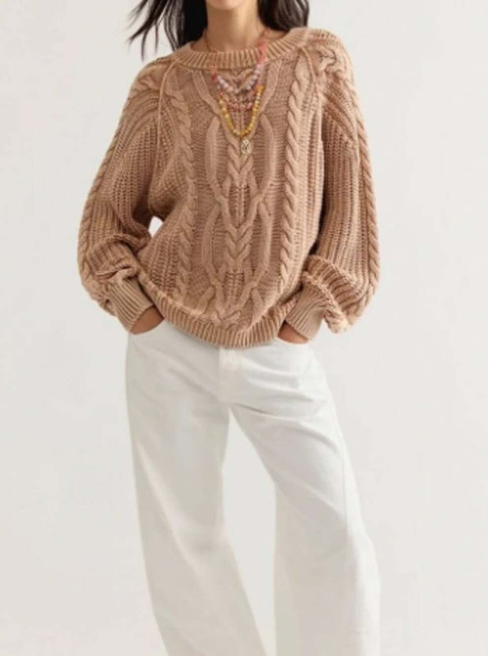 NWT Free People Frankie Cable Knit 100% Cotton Sweater Croissant Tan XS
